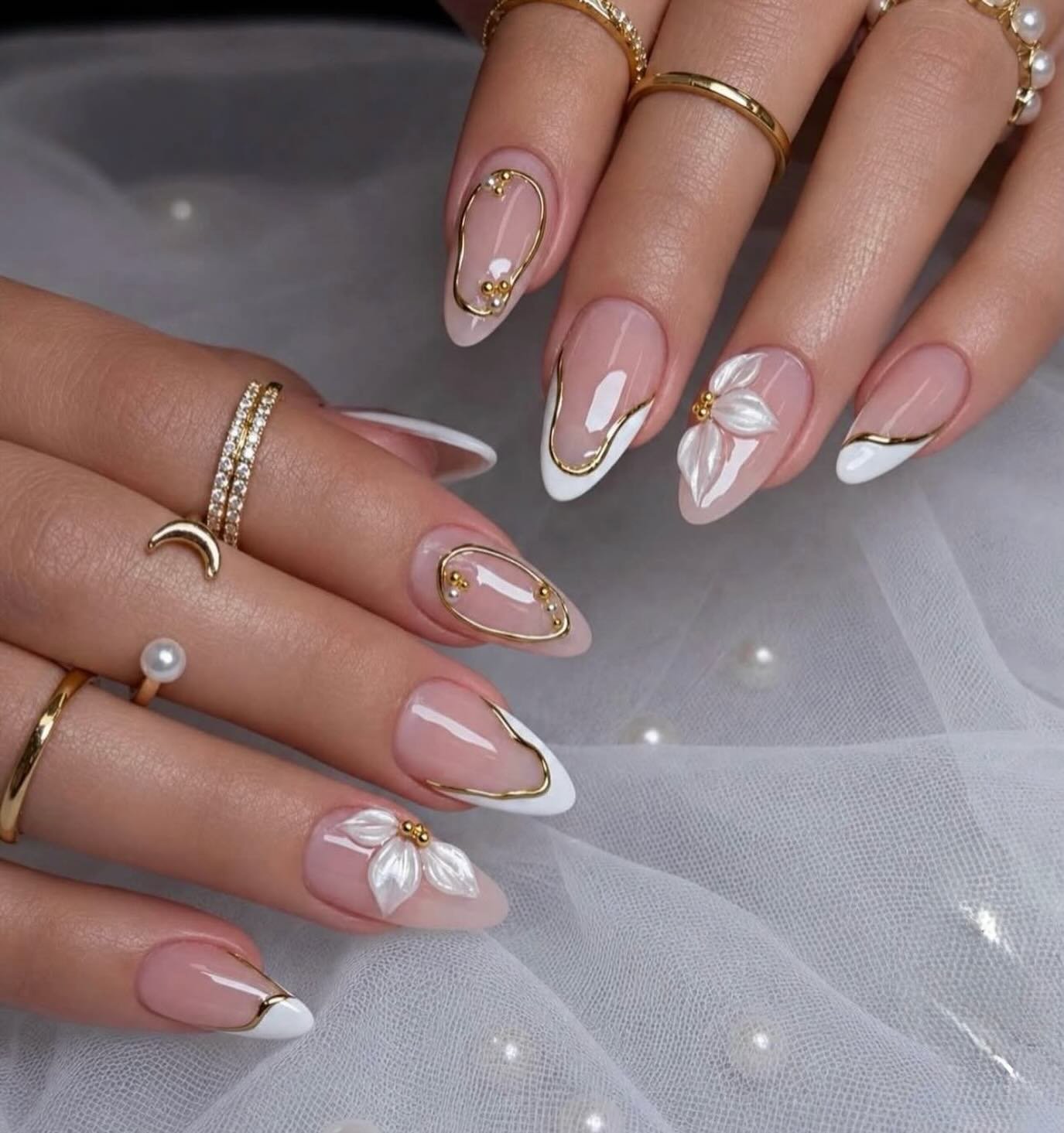 Sheer Pink Almond Nails with White and Gold Details