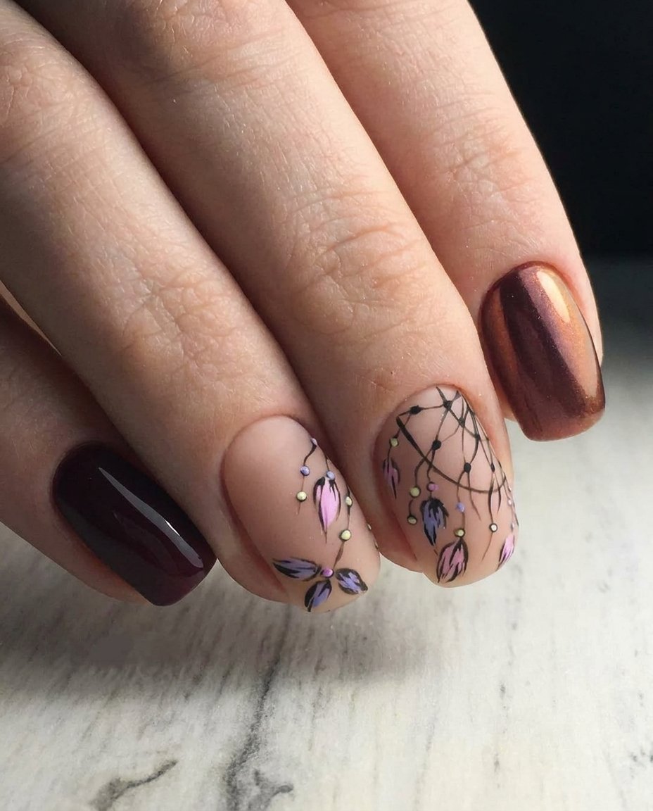 Dark Brown Short Nails with Delicate Line Art