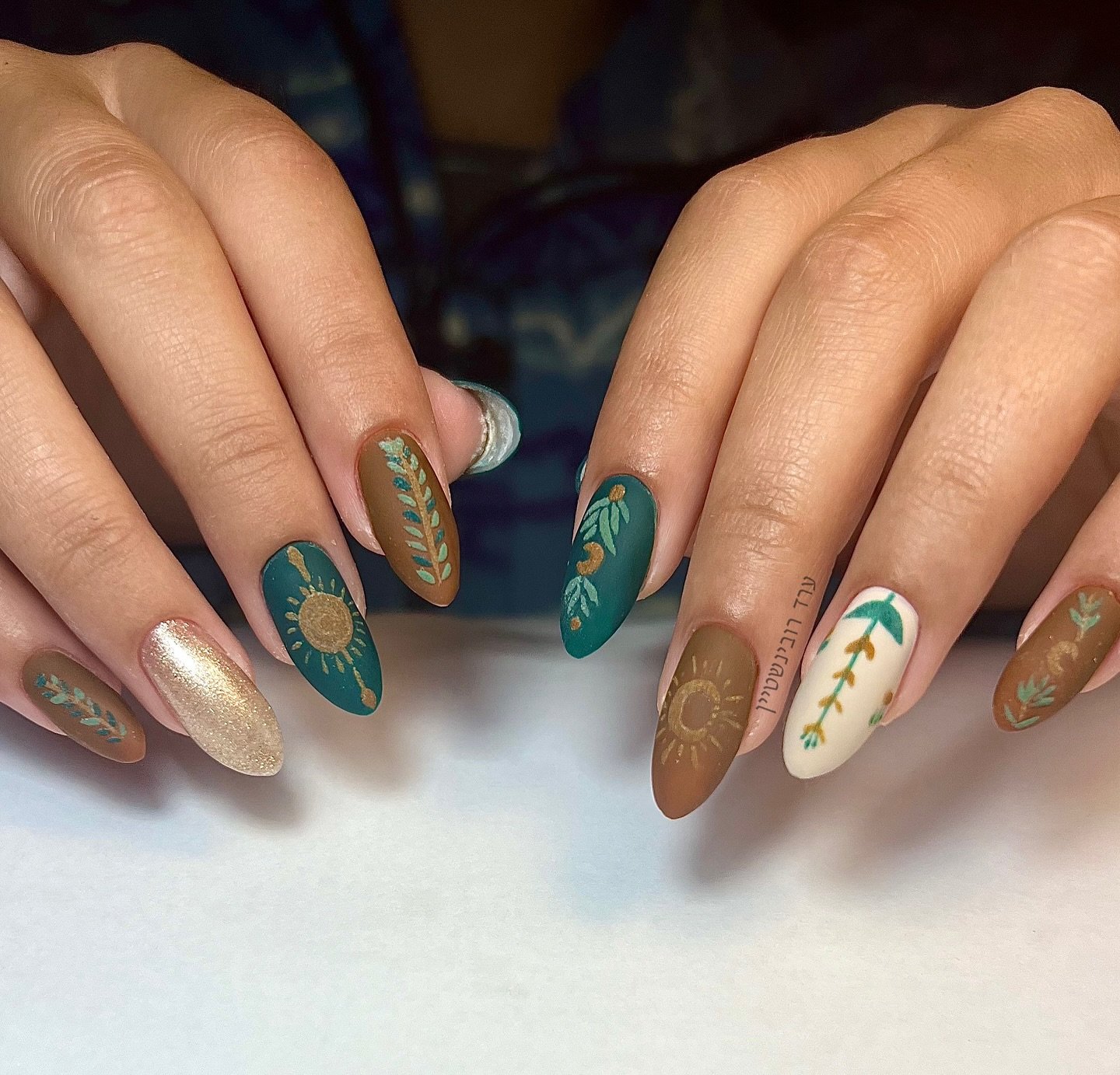 Teal and Gold Botanical Almond Nails