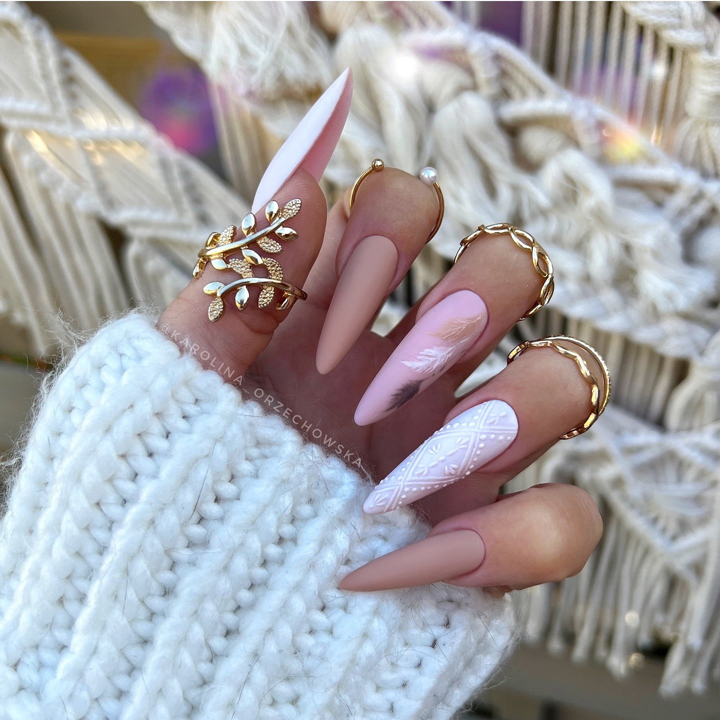Blush and Lavender Almond Nails with Gold Embellishment