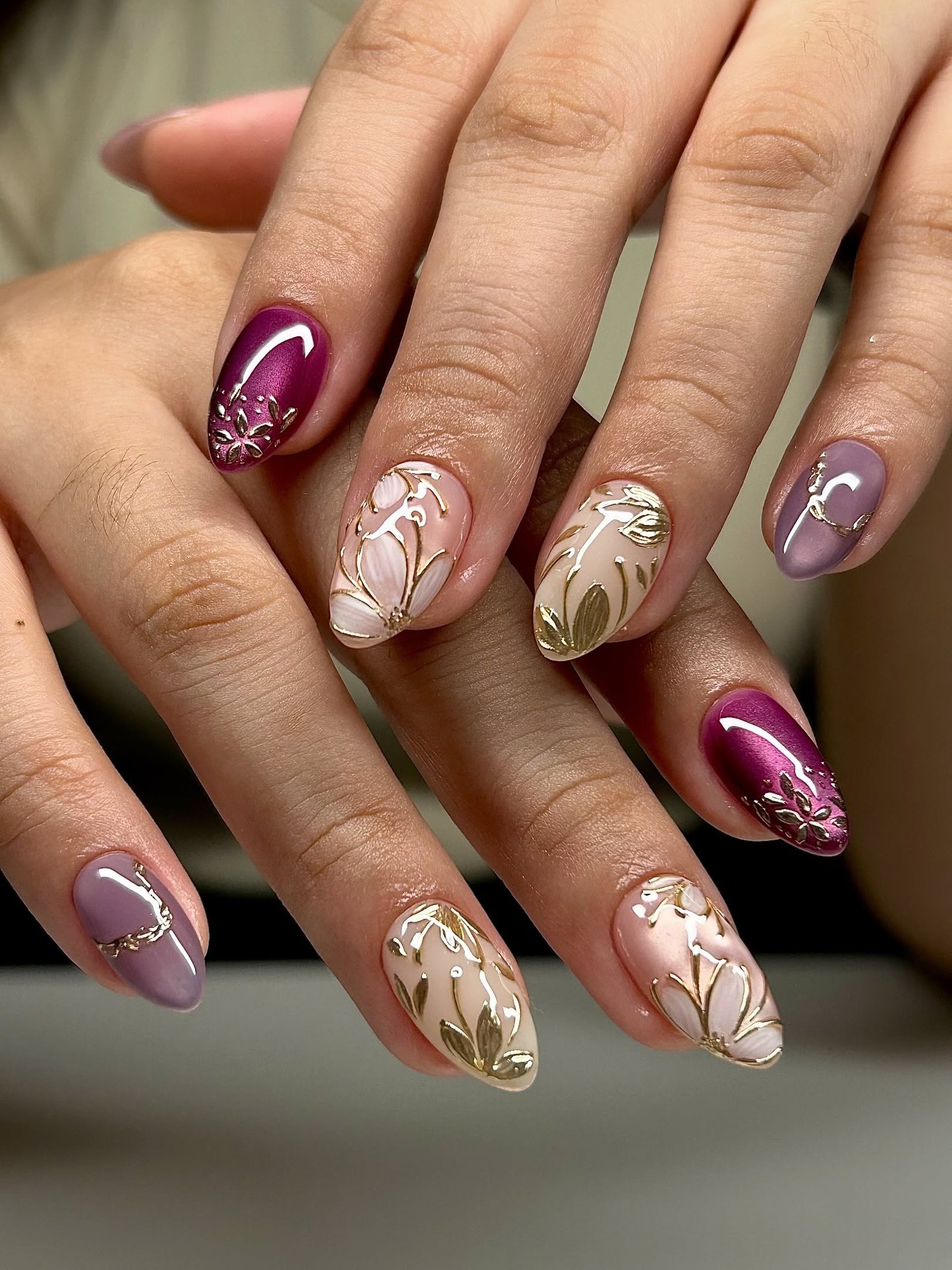 Magenta, Lavender, and Nude Almond Nail Mix