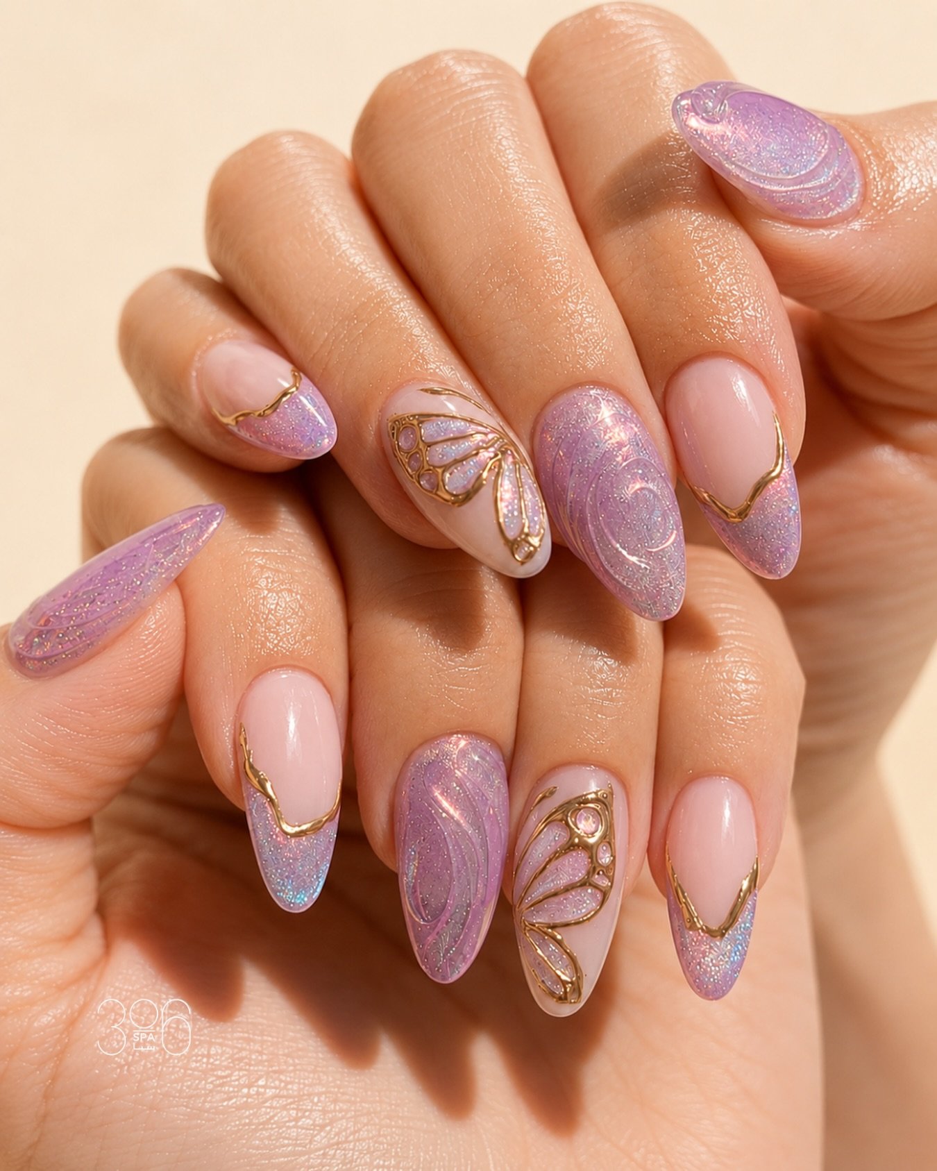 Lavender Shimmer Almond Nails with Fine Gold Details