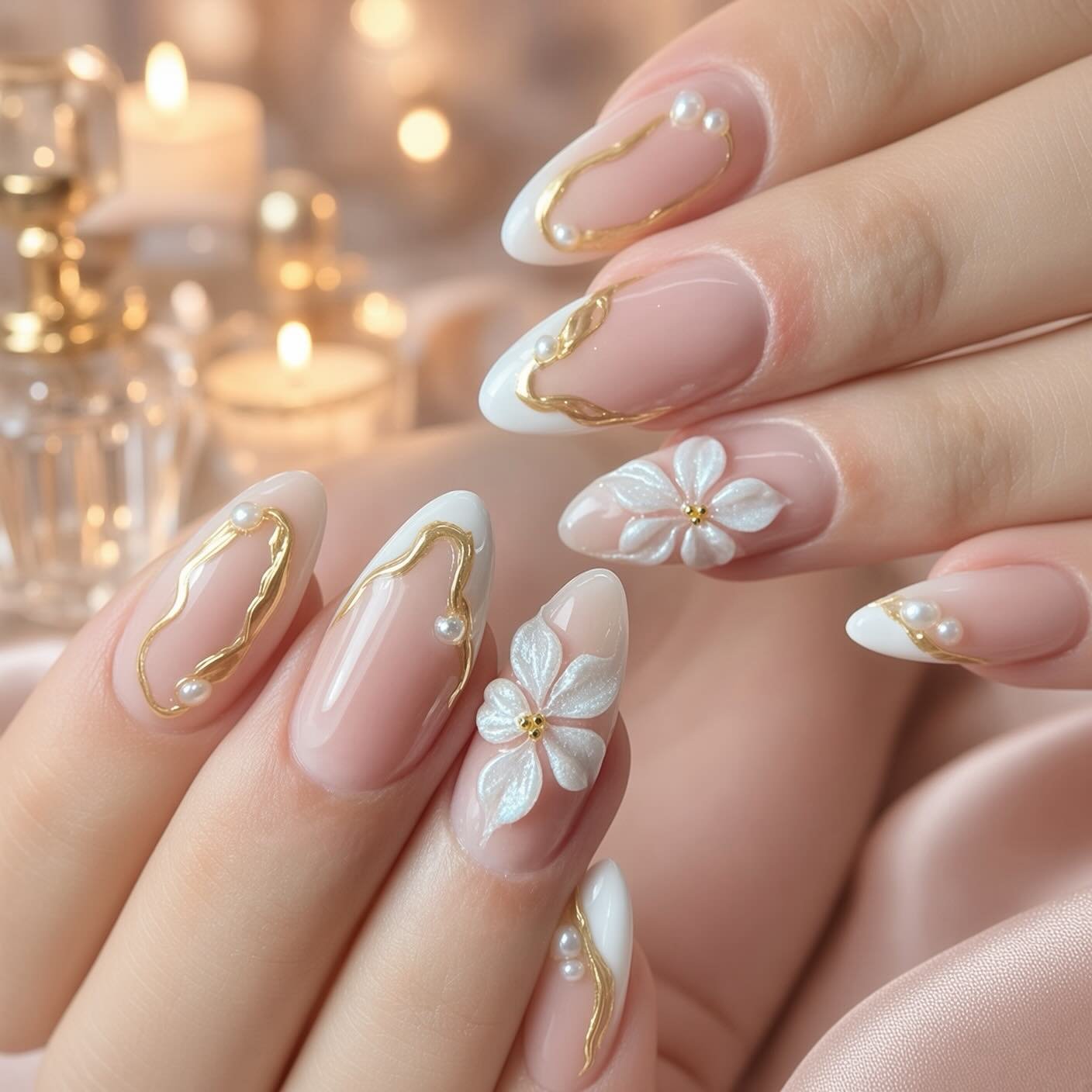 Sheer Pink Almond Nails with White Flowers and Gold Lines