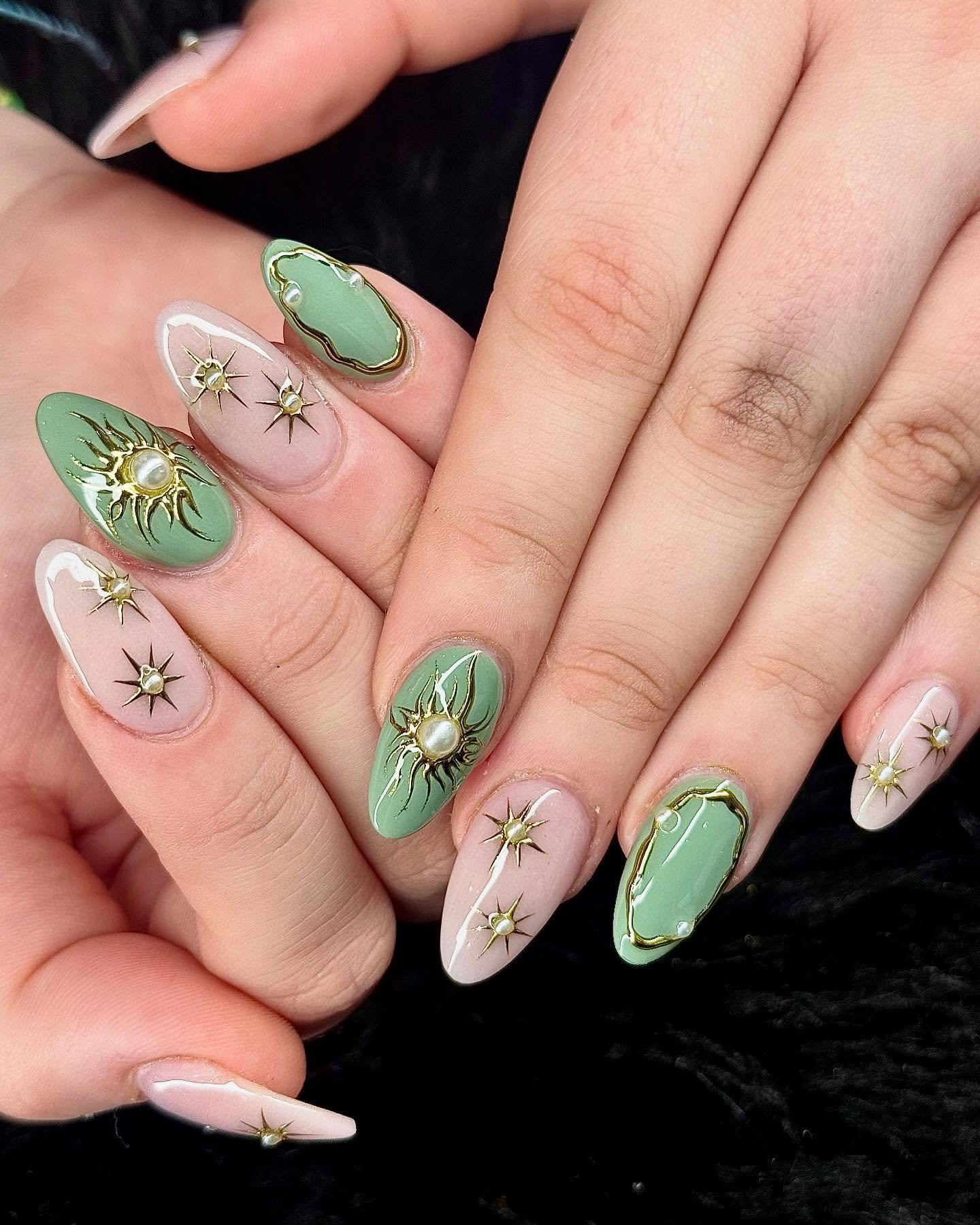 Mint Green Almond Nails with Floral Gold Accents