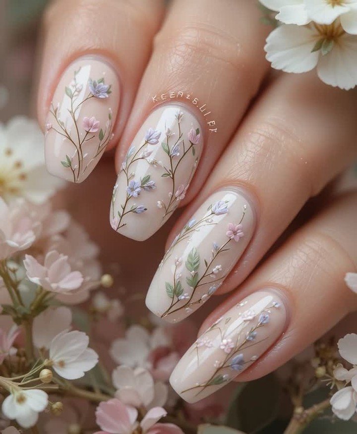 Sheer Pink Almond Nails with Delicate Botanical Line Art