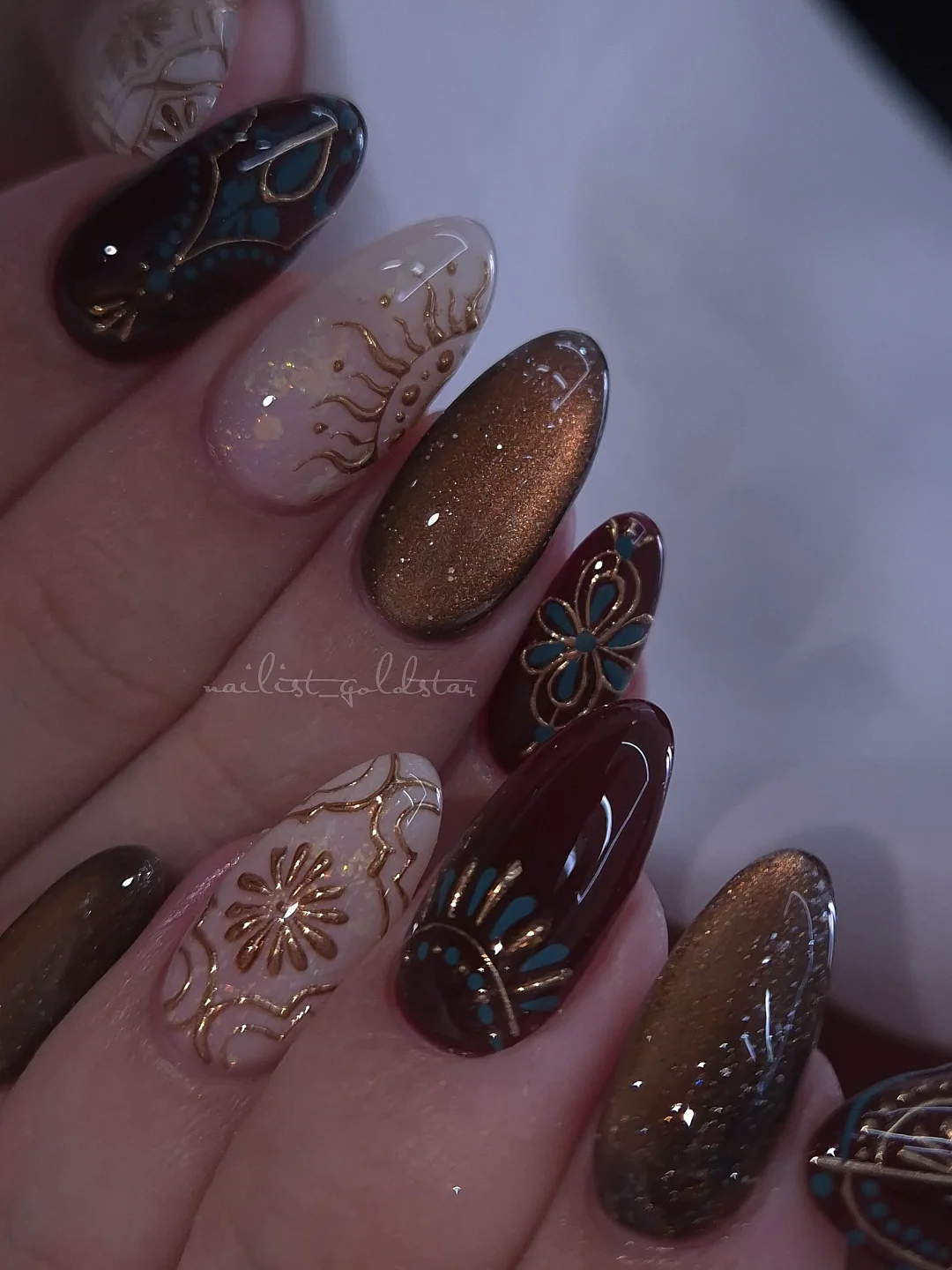 Deep Brown and Mauve Mixed Almond Nails