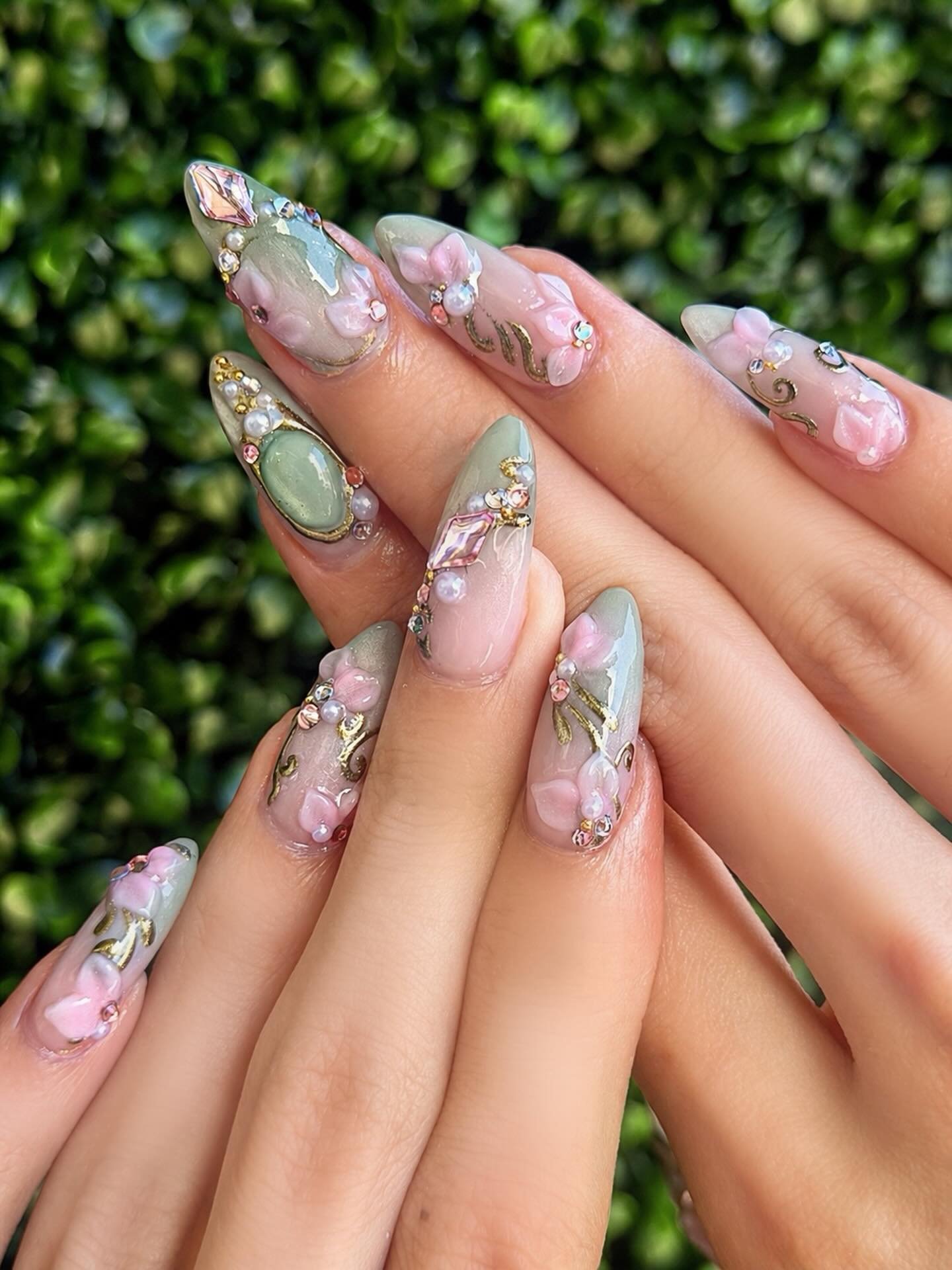 Pastel Pink and Green Almond Nails with Floral Details