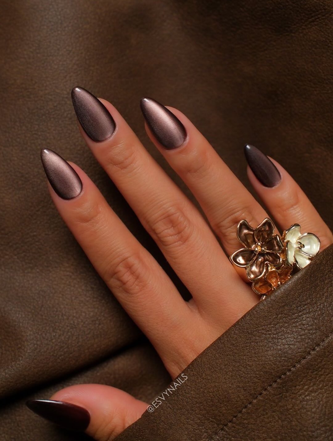 Muted Bronze Almond Nails with a Gold Accent