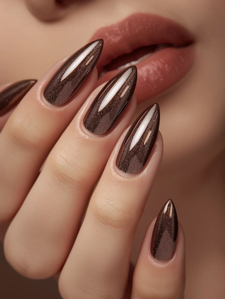 Reflective Brown Bronze Almond Nails