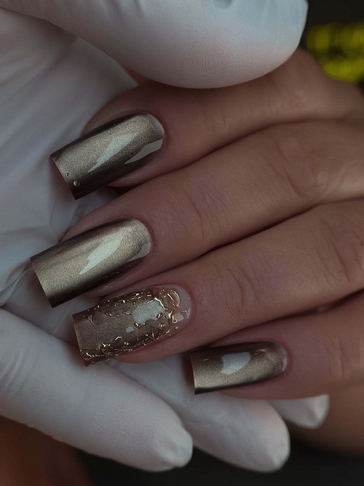 Taupe Bronze Chrome Square Nails with Gold Foil
