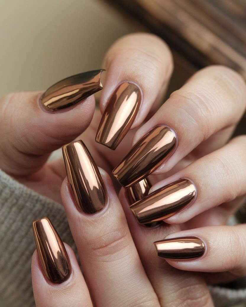 Rose Bronze Almond Nails with a Mirror Shine