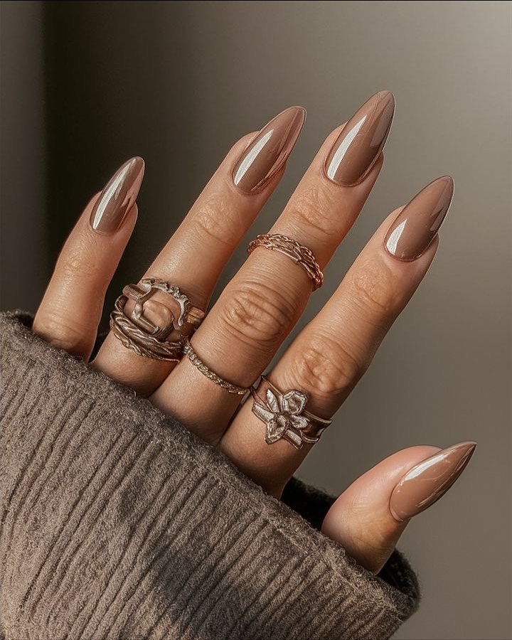 Long Glossy Nude-Bronze Almond Nails