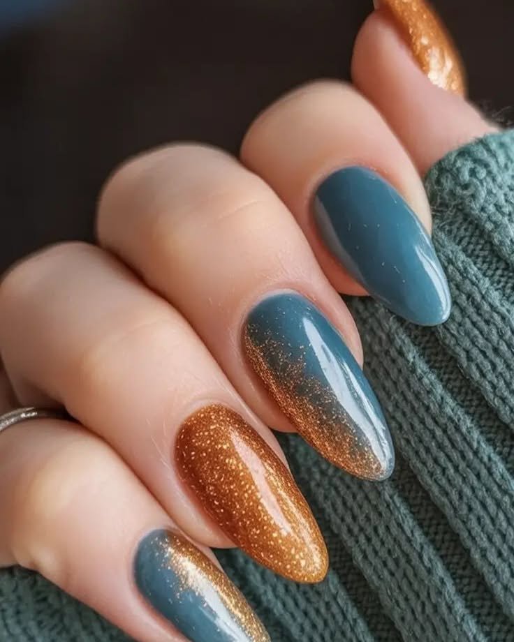 Blue and Bronze Glitter Almond Nails