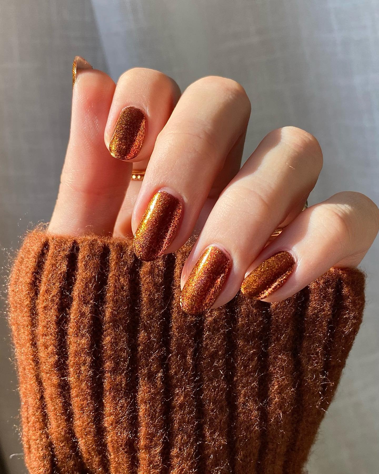 Copper Bronze Almond Nails with Warm Glitter