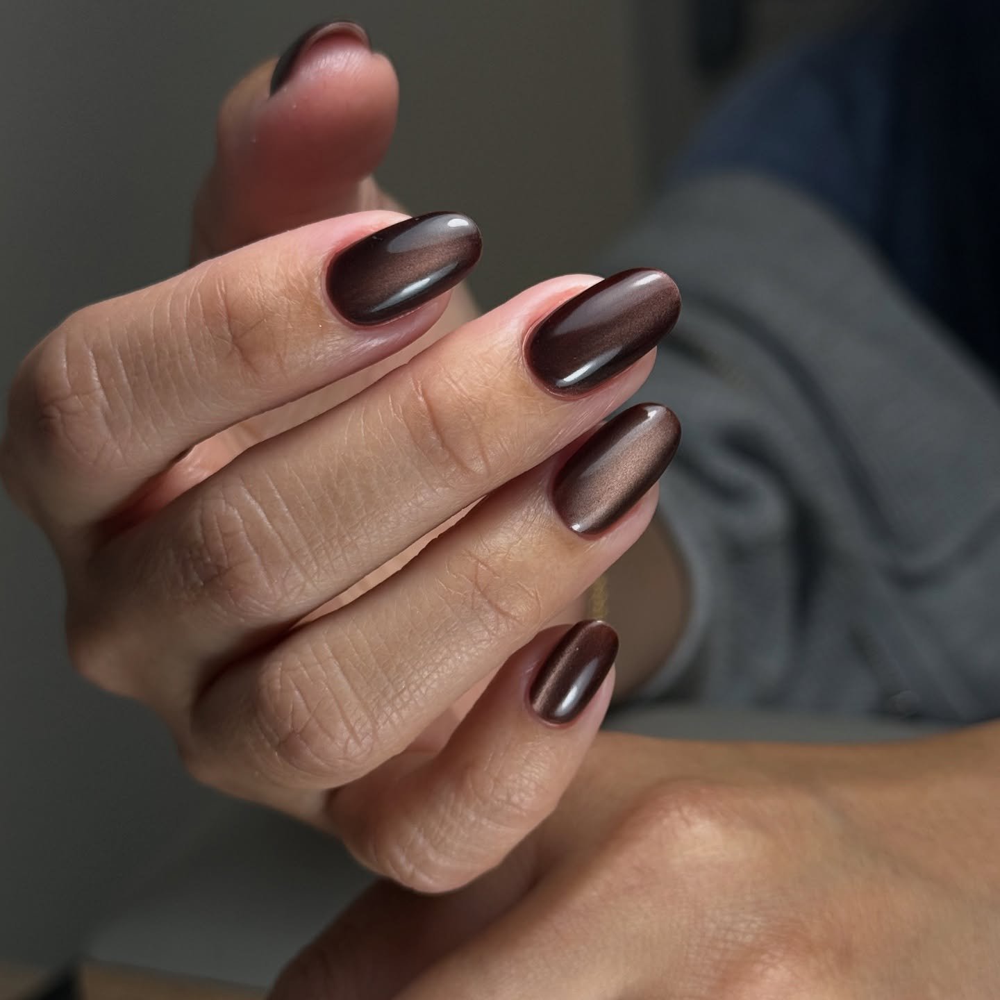 Glossy Deep Chocolate Brown Almond Nails