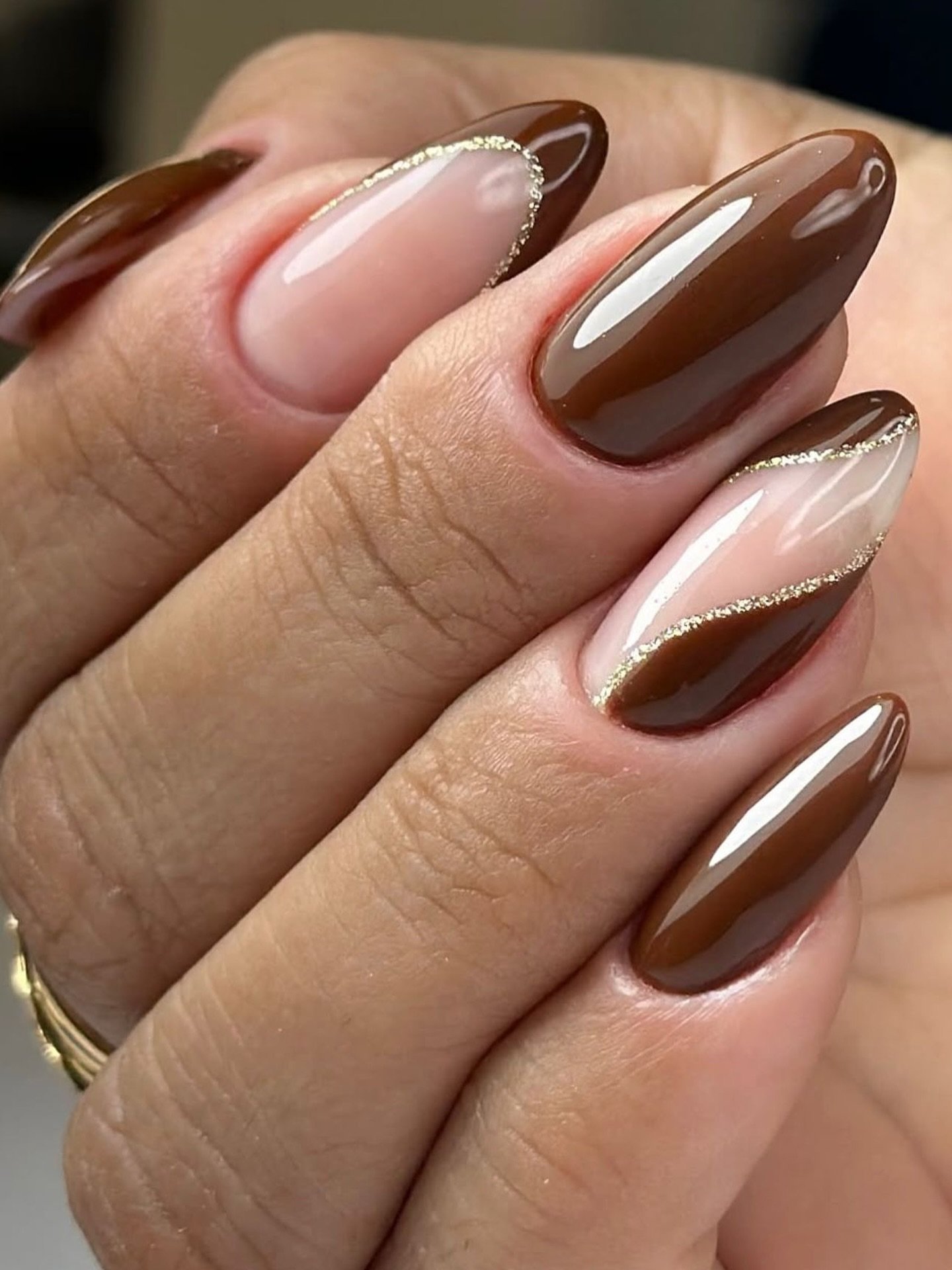 Chocolate and Nude Almond Nails with Fine Accents