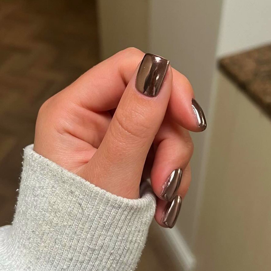 Short Dark Bronze Metallic Square Nails
