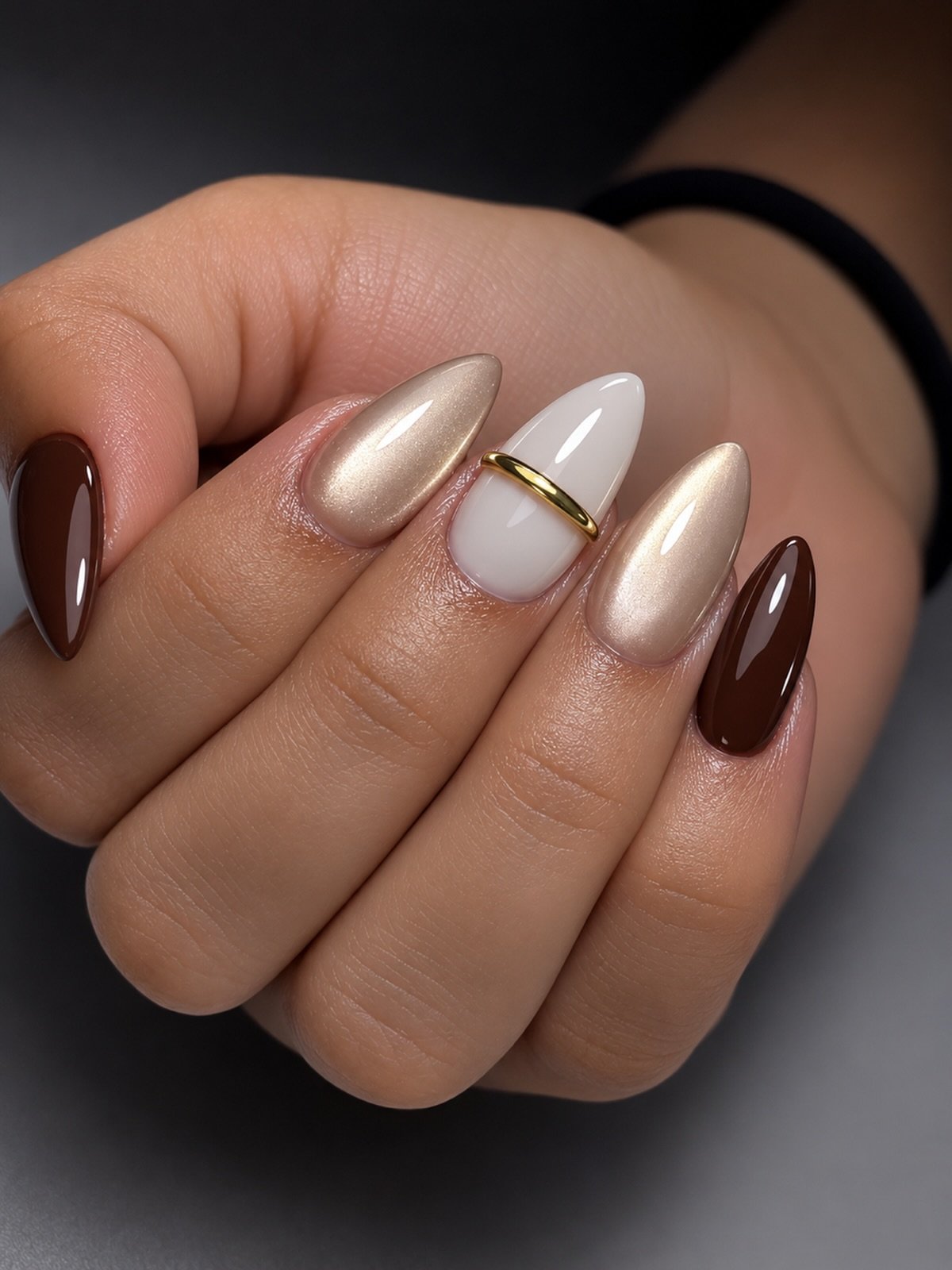 Brown and Cream Almond Nails