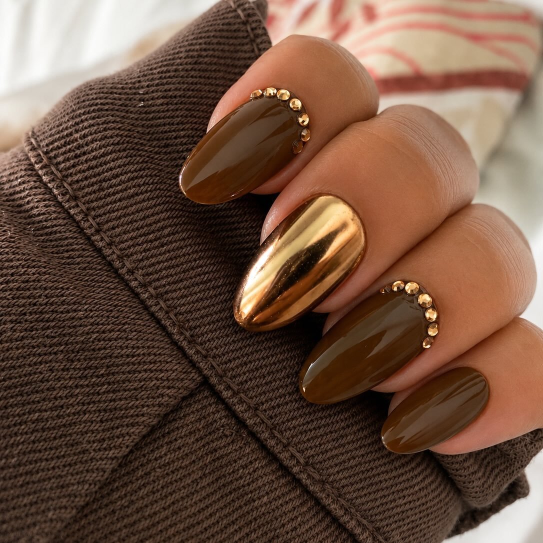 Chocolate Brown Almond Nails with Gold Chrome Accent