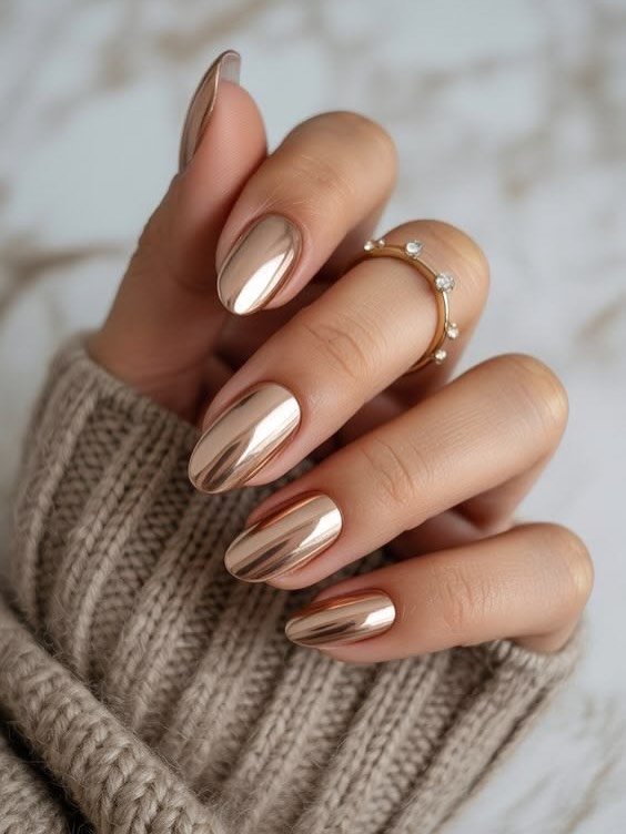 Rose Gold Chrome Almond Nails