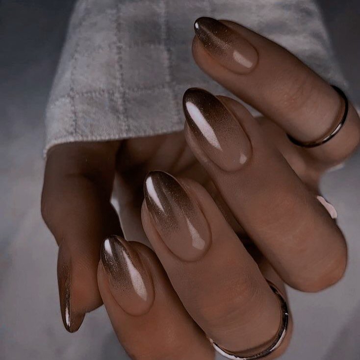 Glossy Deep Bronze Brown Ombre Almond Nails