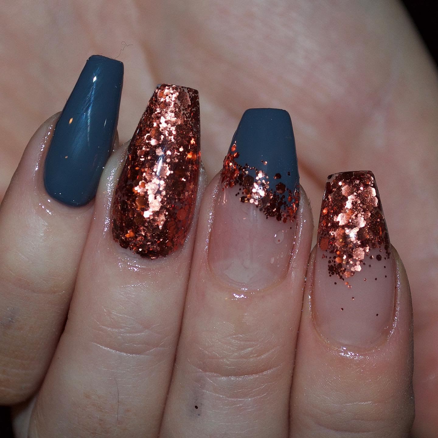 Blue and Rose-Bronze Glitter Coffin Nails