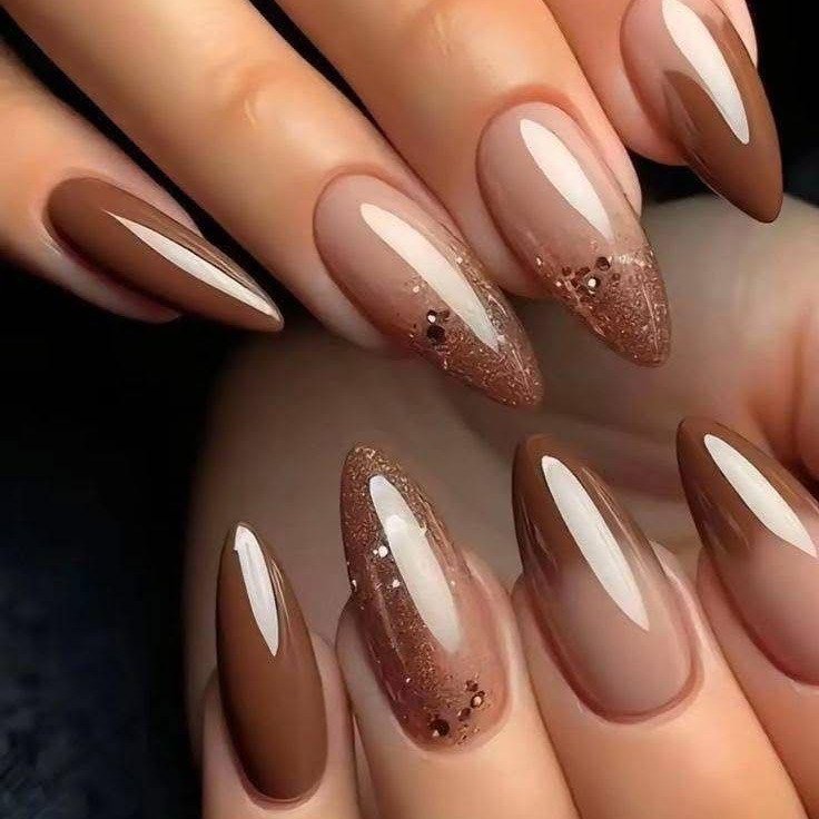 Nude Almond Nails with Bronze Glitter French Tips