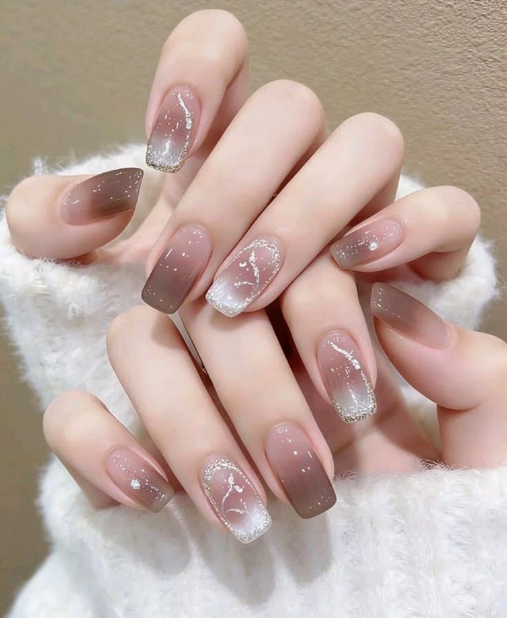 Sheer Pink Nails with Soft Bronze-Taupe Ombre