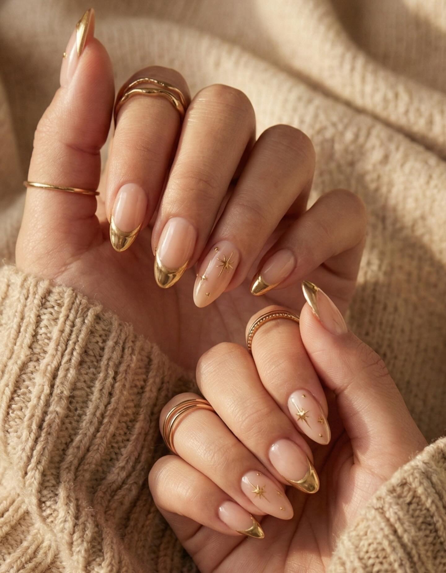 Long Nude Almond Nails with Bronze Ombre Tips