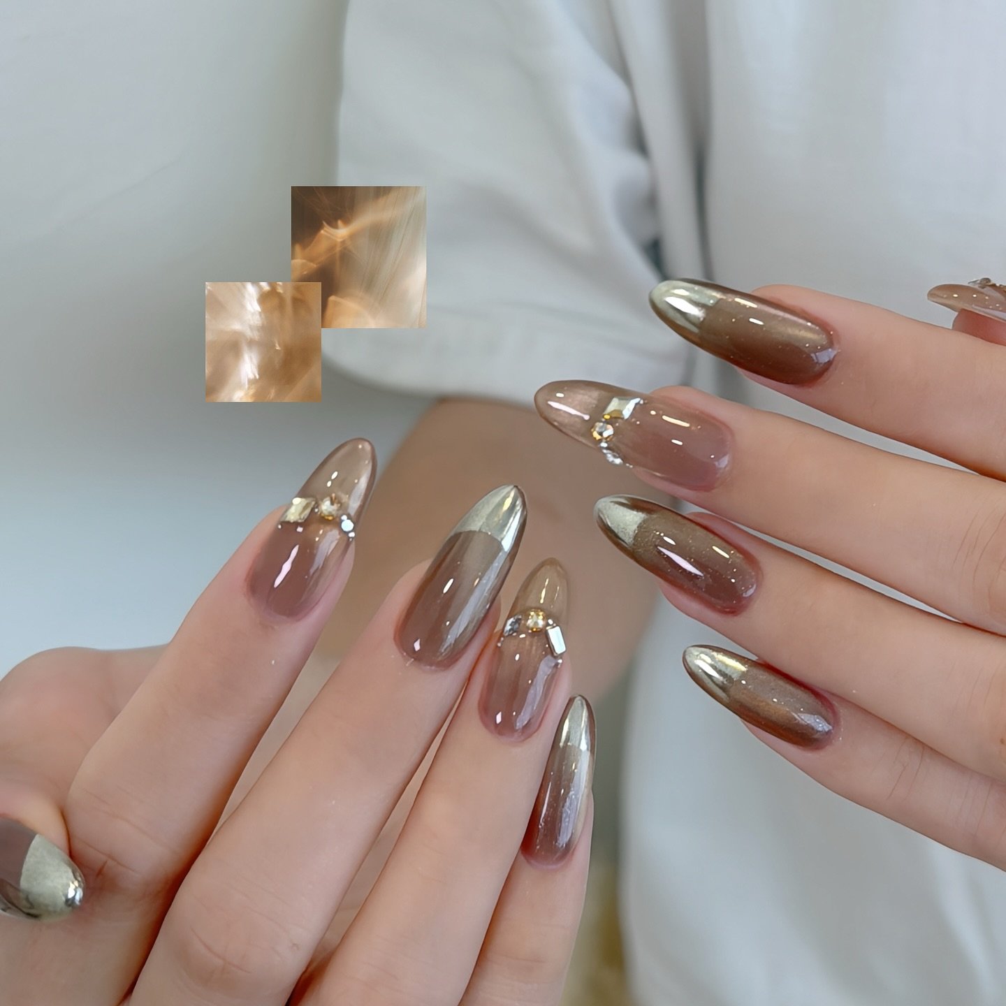 Reflective Bronze Chrome Almond Nails