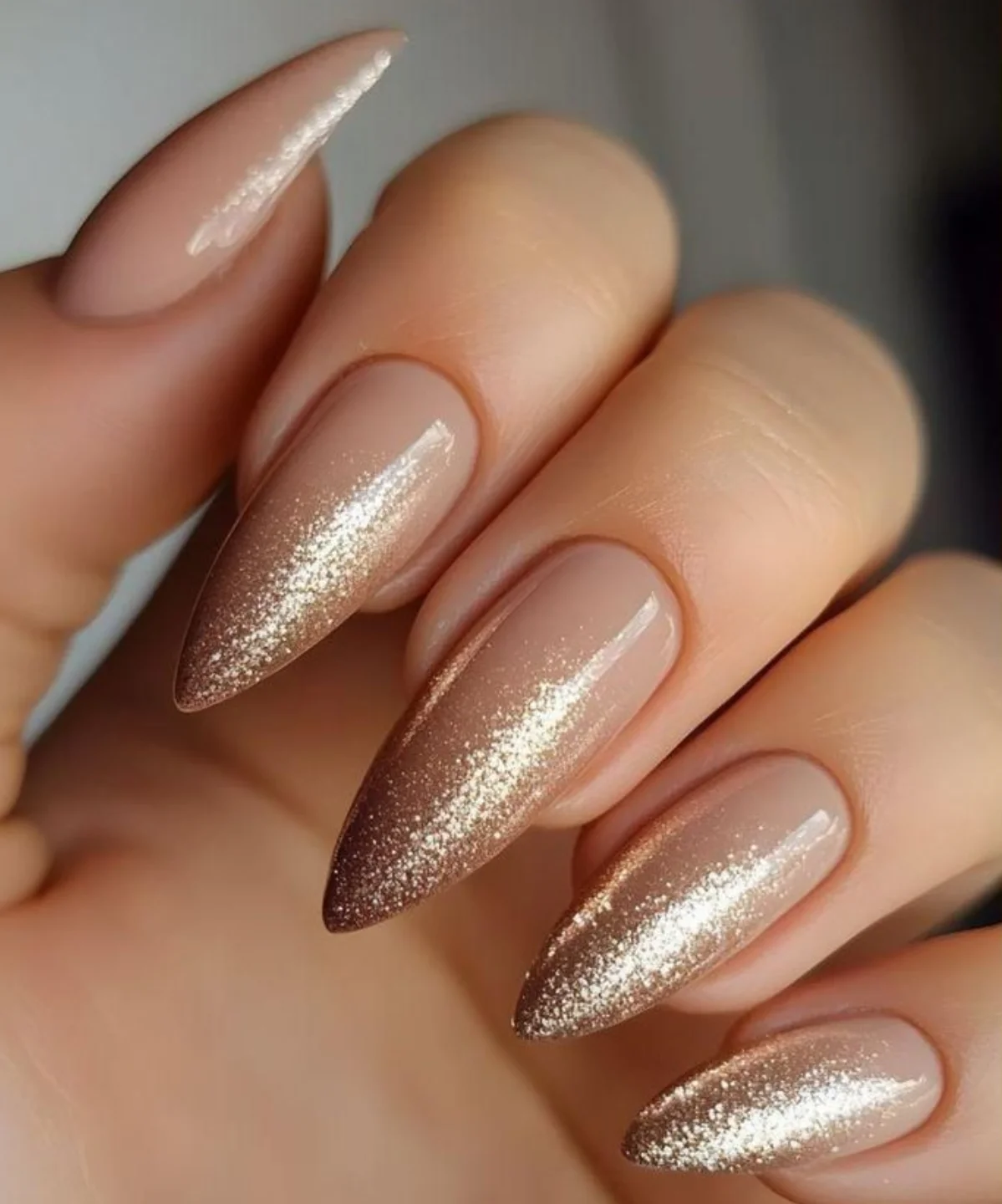 Champagne Bronze Shimmer Stiletto Nails