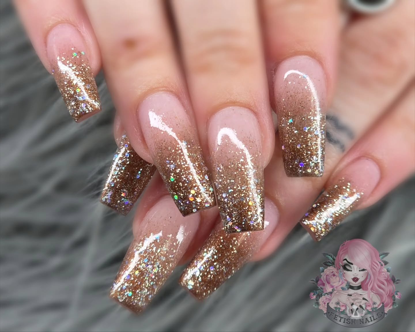 Long Nude Nails with Bronze Glitter Tips