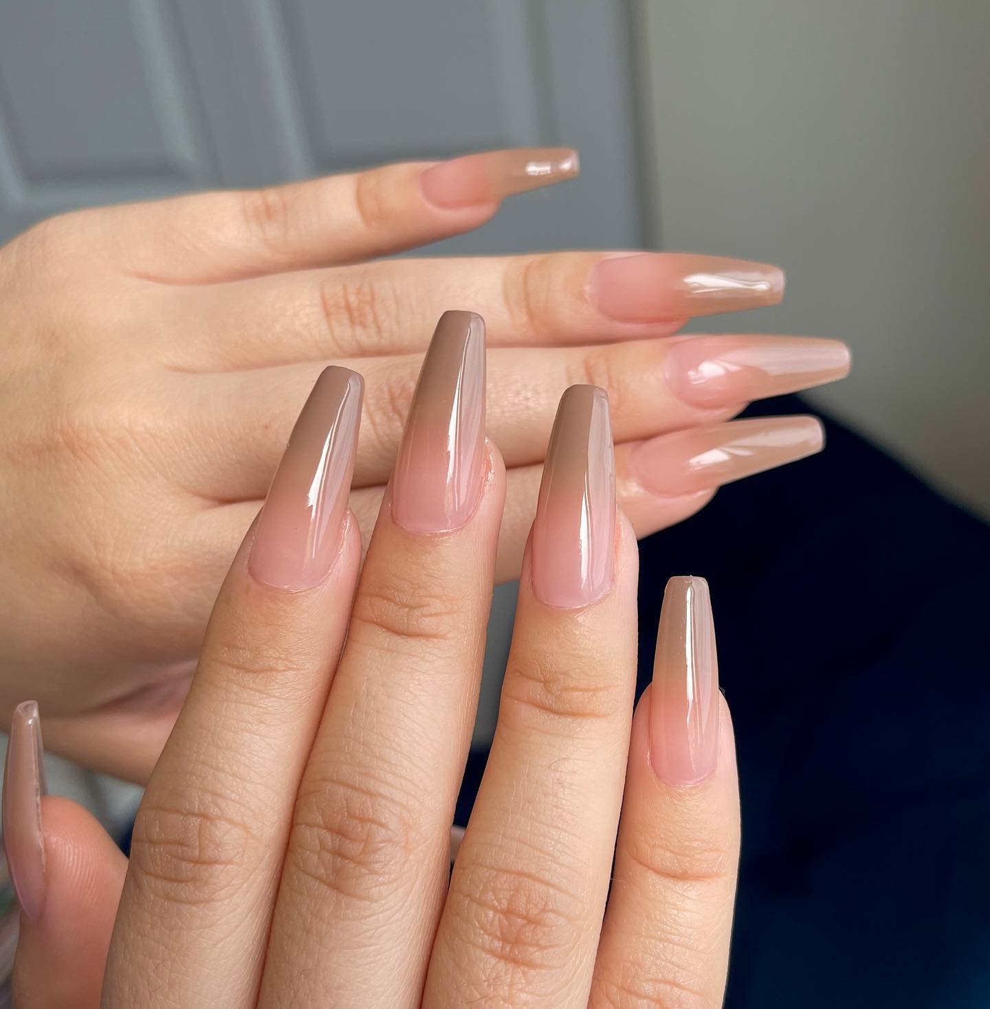 Long Coffin Nails with Nude-to-Bronze Ombre