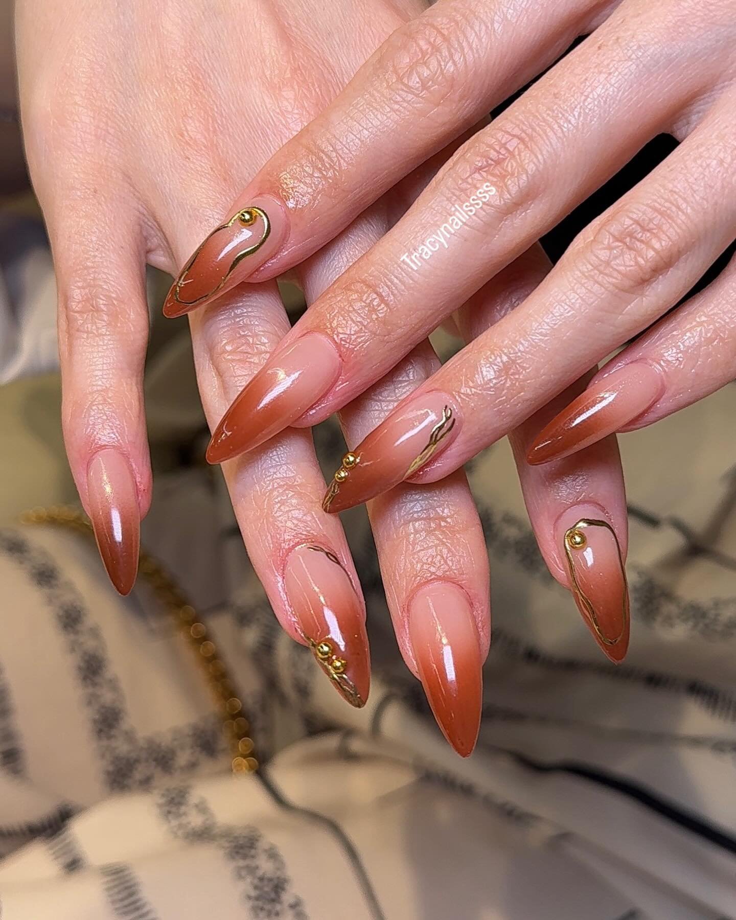 Long Almond Nails with Copper-Bronze Ombre