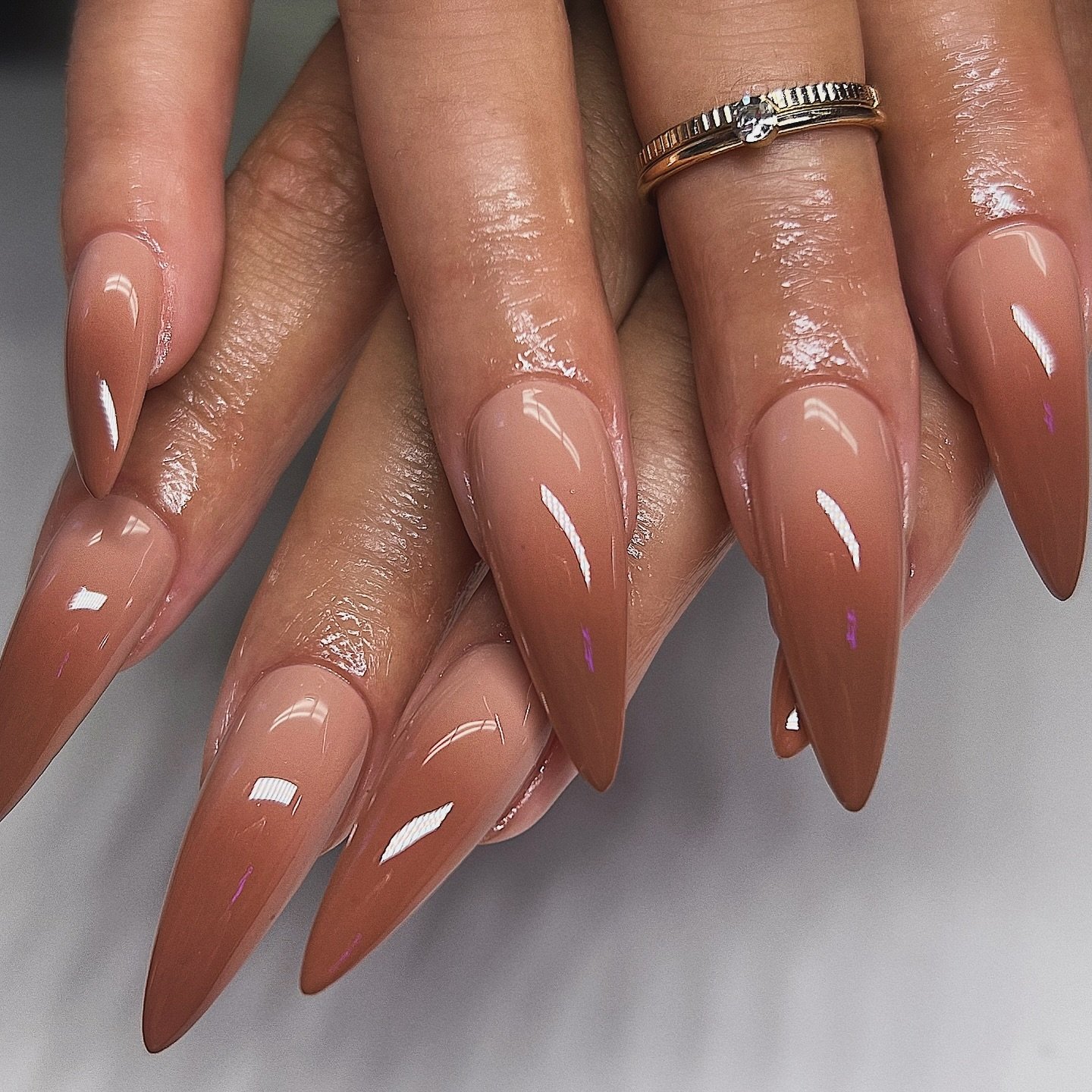 Glossy Brown-Bronze Almond Ombre Nails