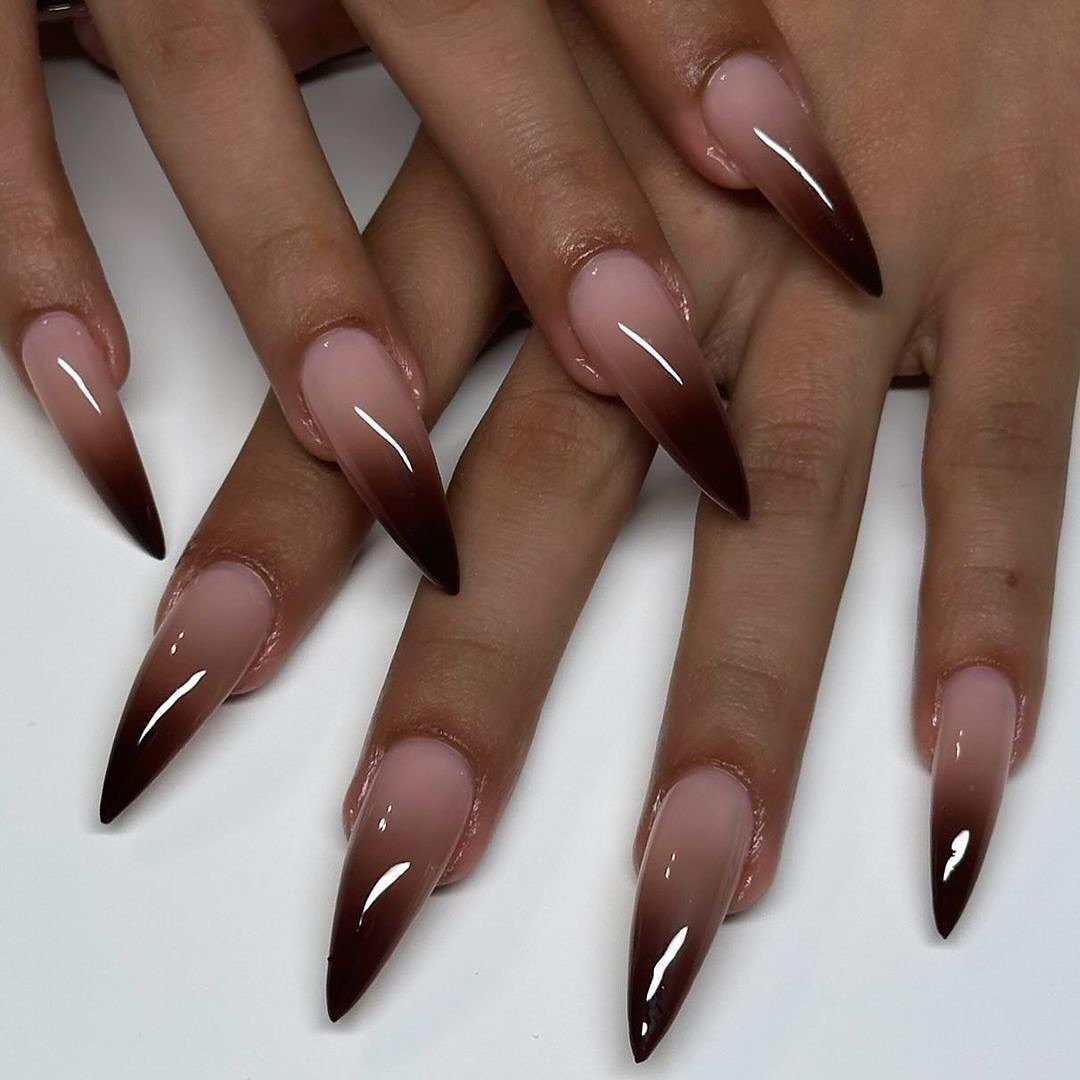 Deep Brown Almond Nails with Nude Ombre