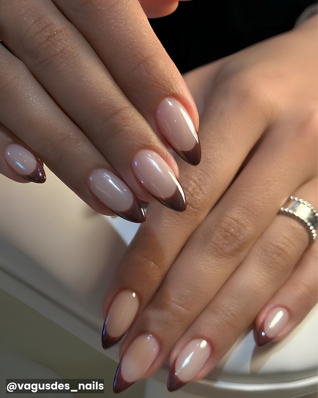 Soft Brown Chrome on Short Almond Nails