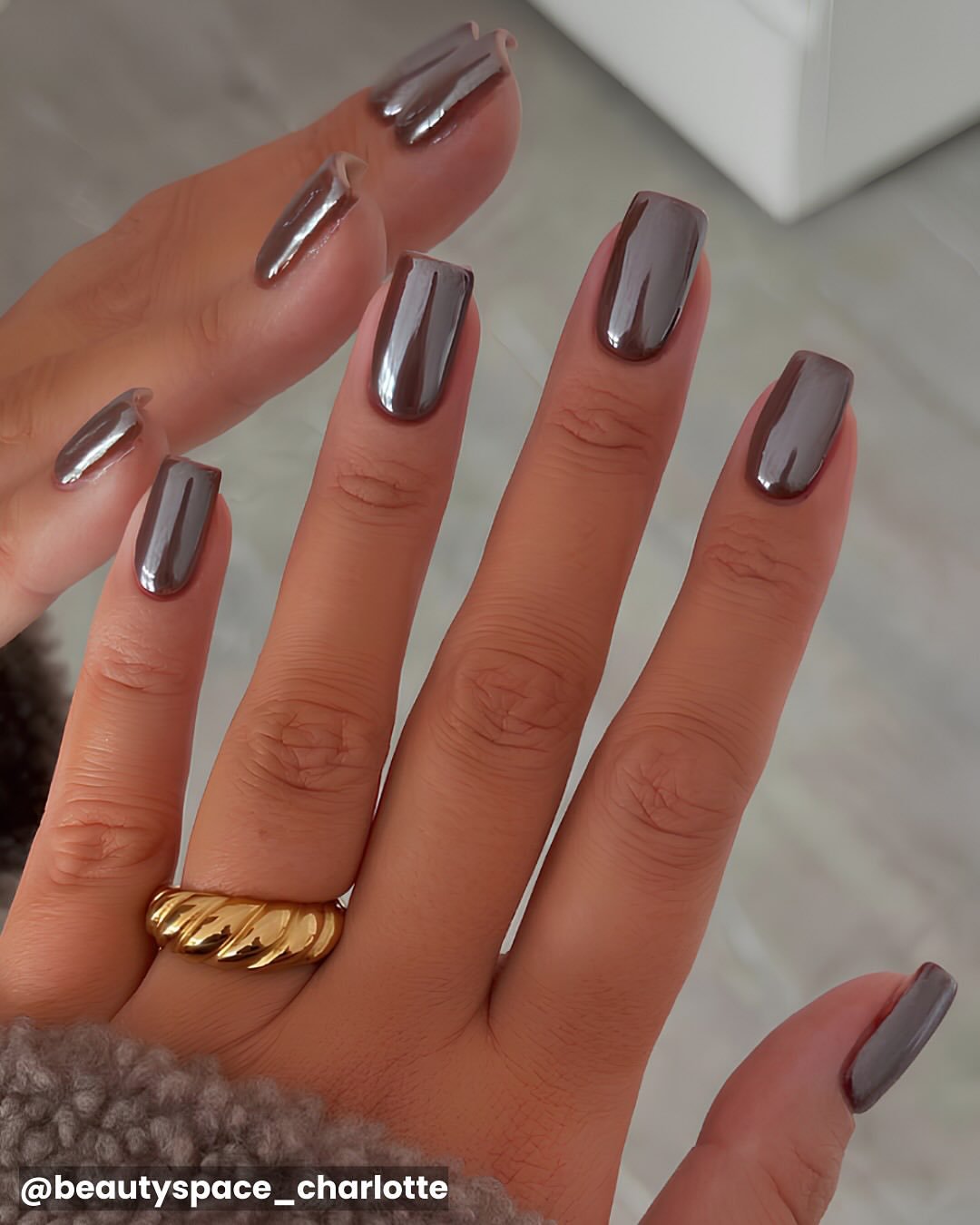 Brown Chrome Accent Tips on Almond Nails