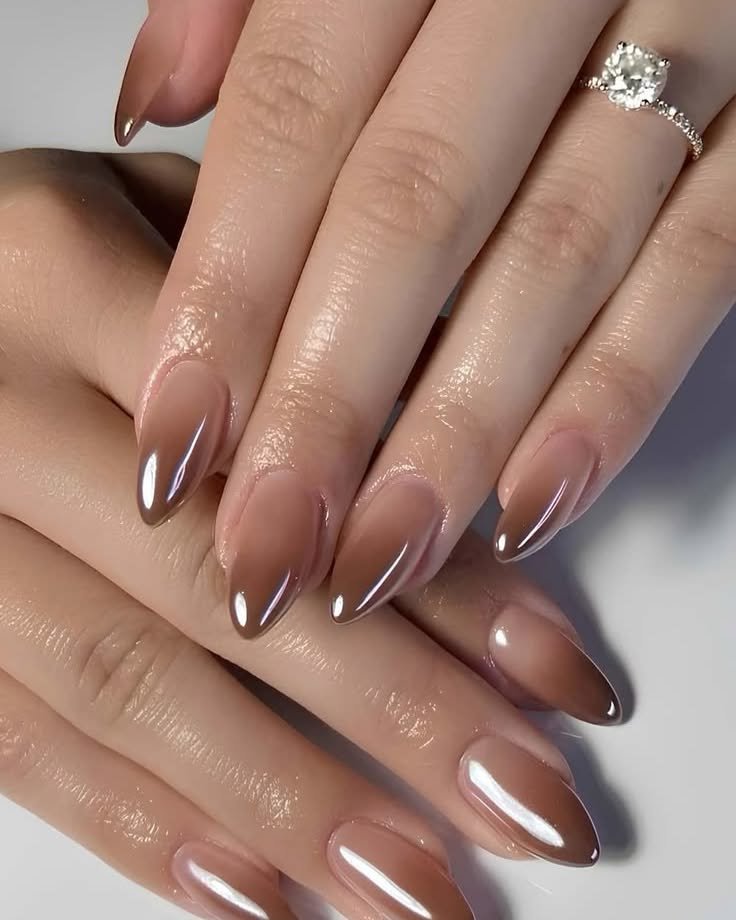 Brown Chrome Almond Nails with Fine French Edges