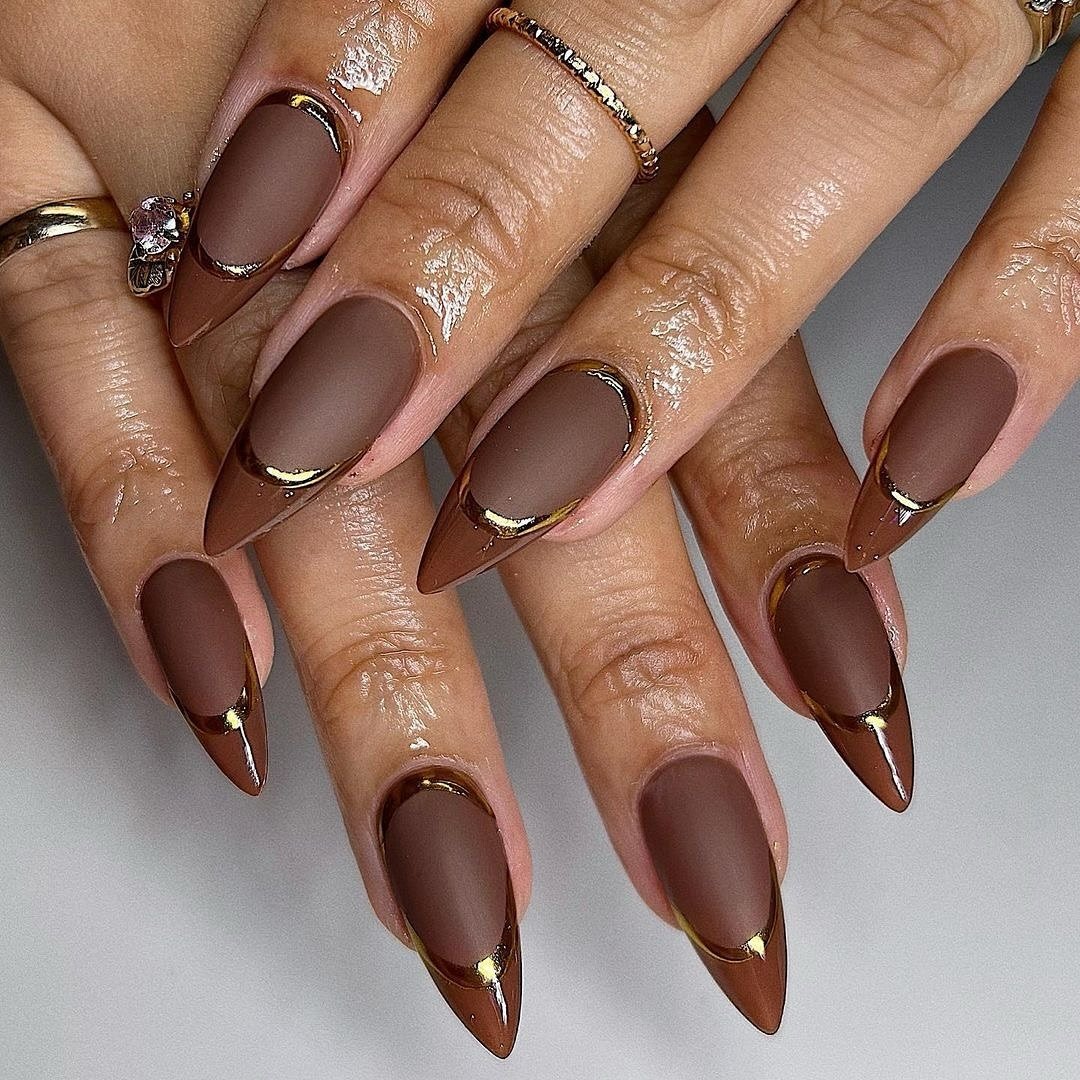 Glossy Chocolate Brown Almond Nails