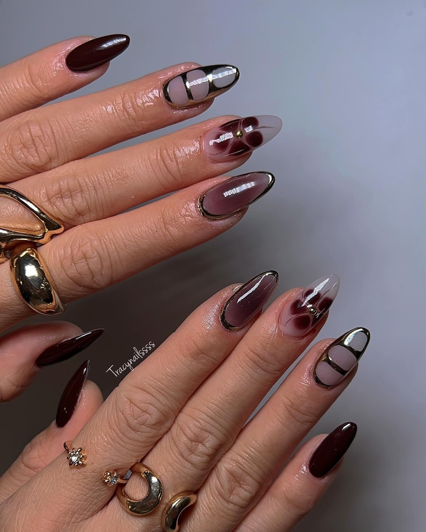 Brown Chrome and Nude Almond Nail Art