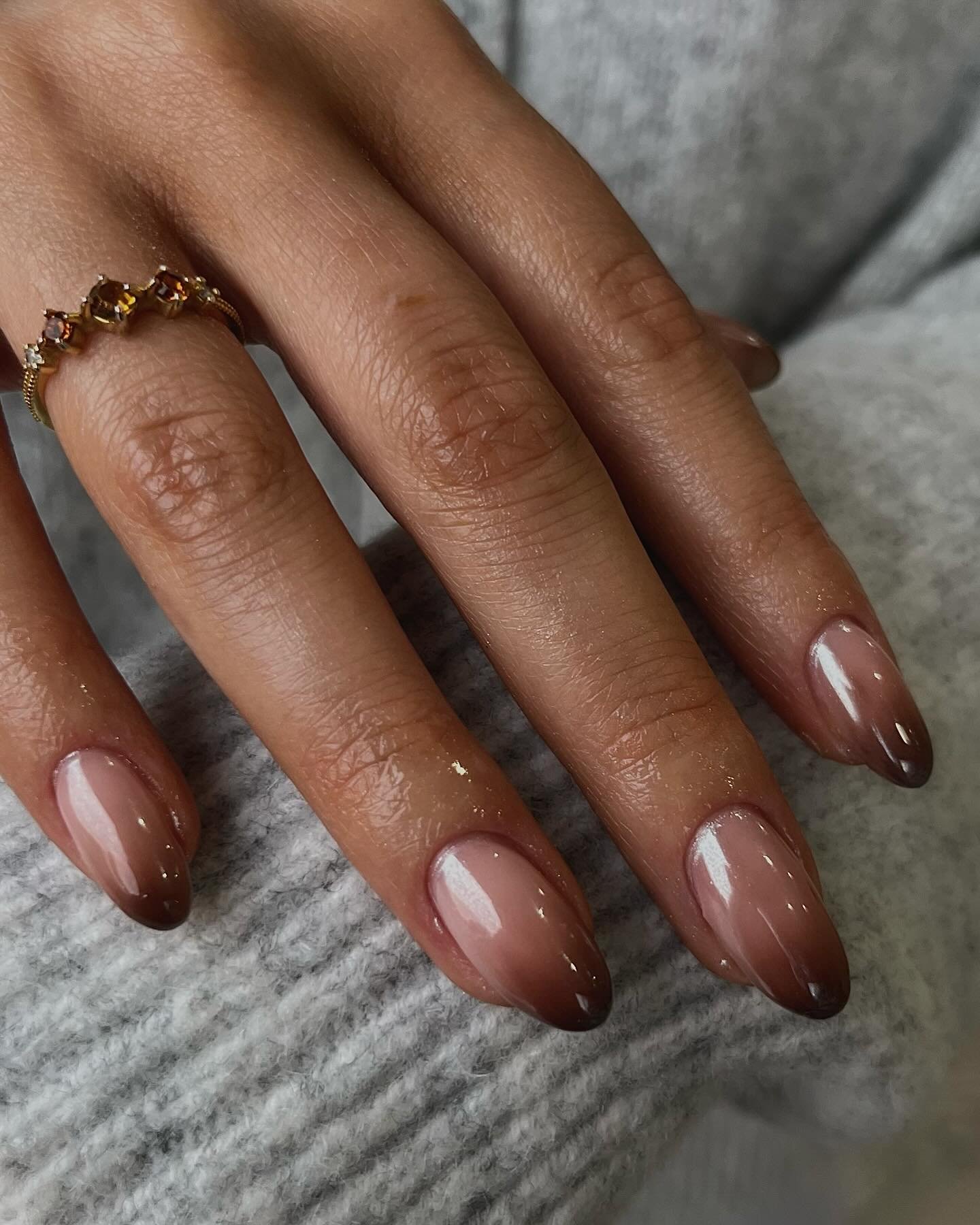 Warm Brown Chrome Almond Nails