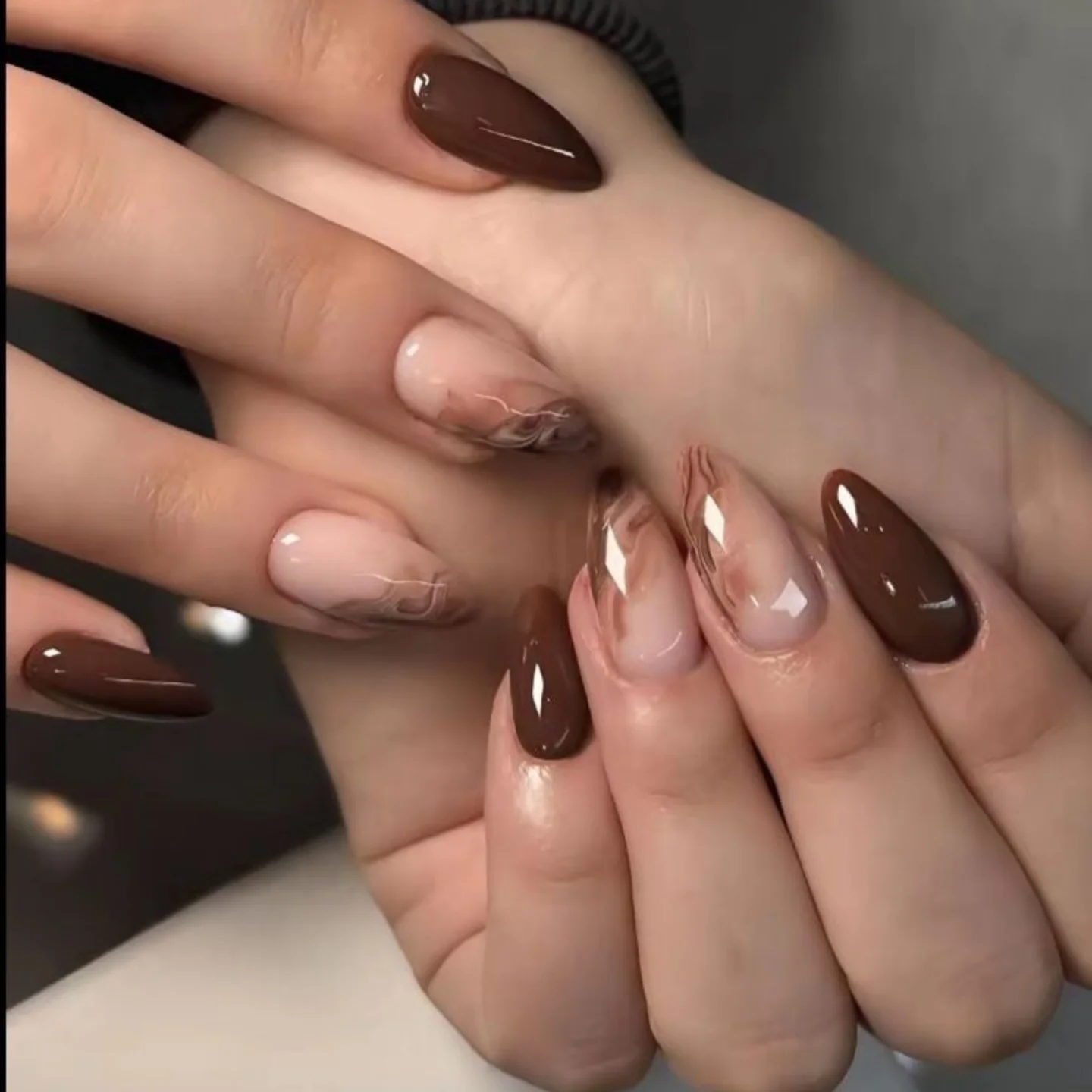 Brown and Nude Almond Nails with Glossy Chrome Details