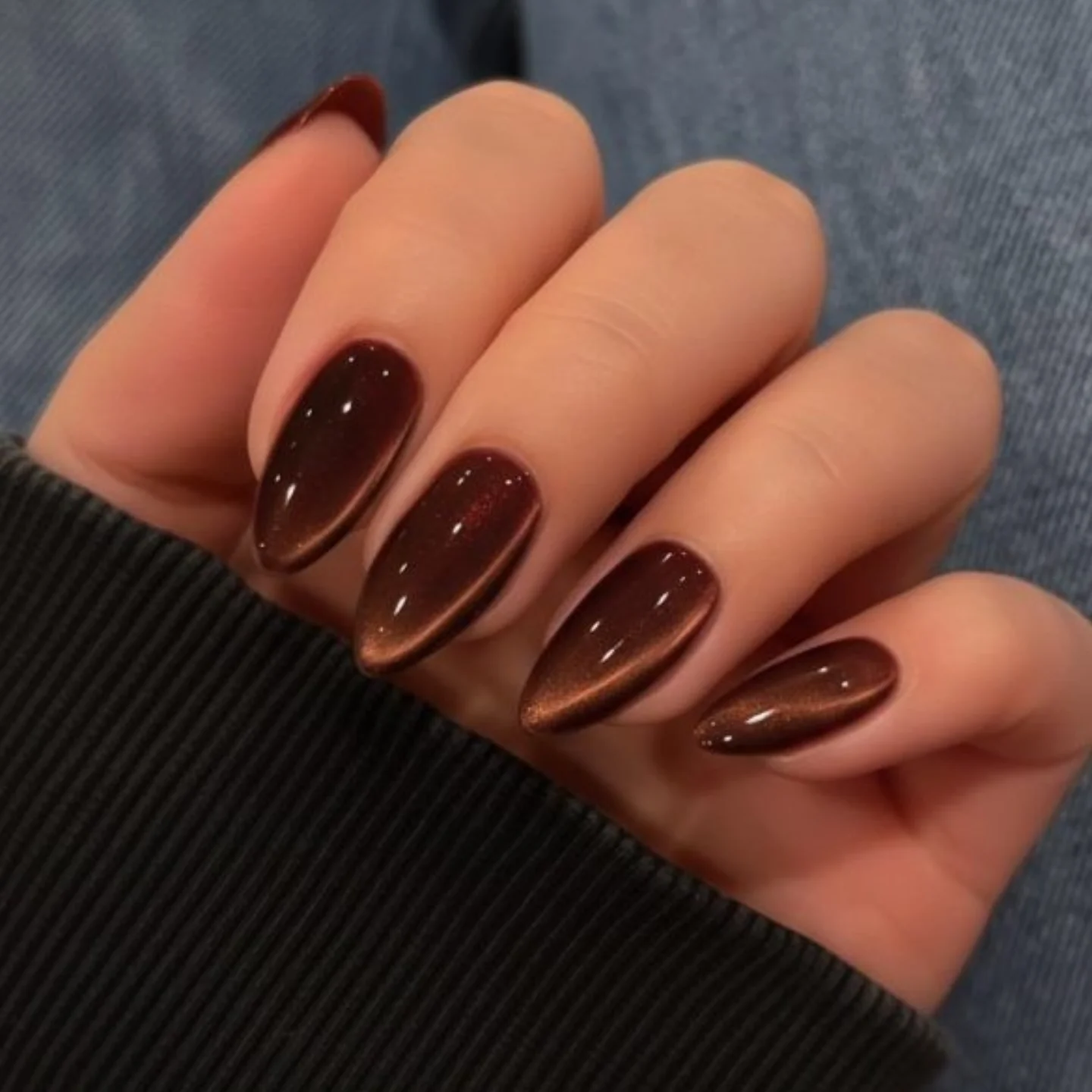 Dark Brown Chrome Short Almond Nails