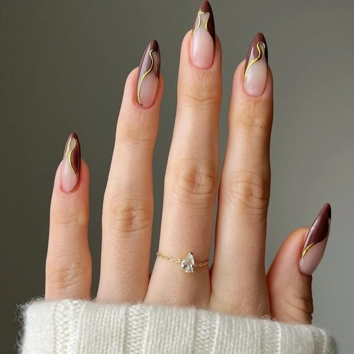 Brown Chrome French-Tip Almond Nails