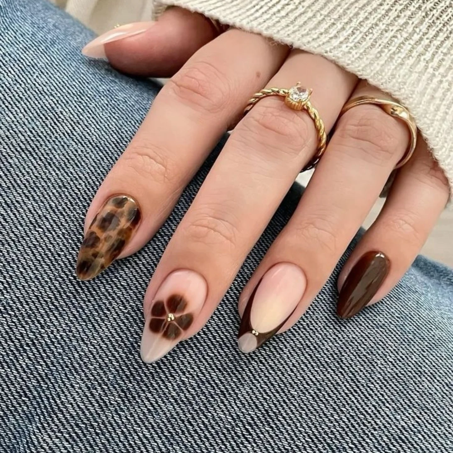 Brown Almond Nails with Leopard and Flower Details