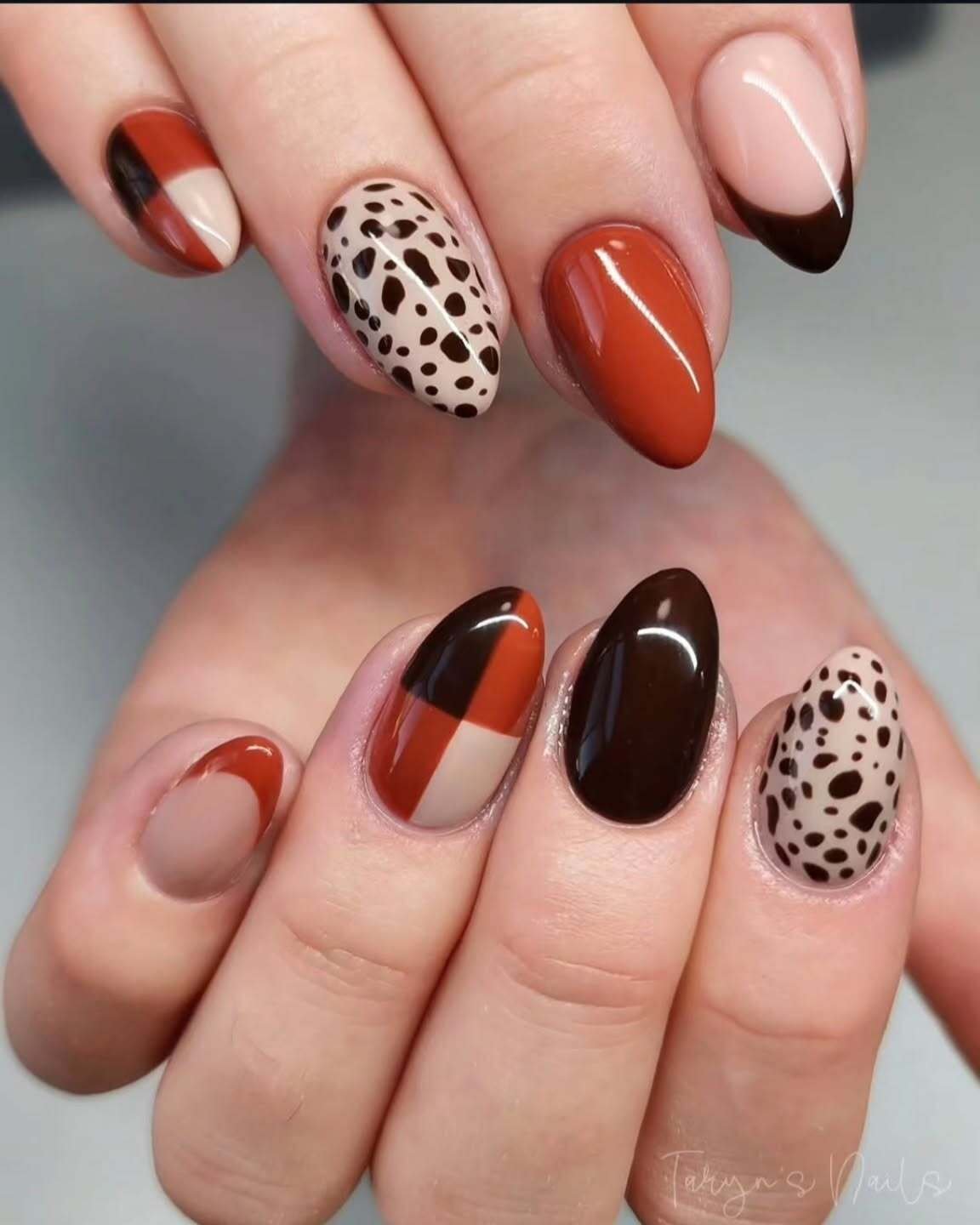 Brown French Tips with Leopard Accent Nails