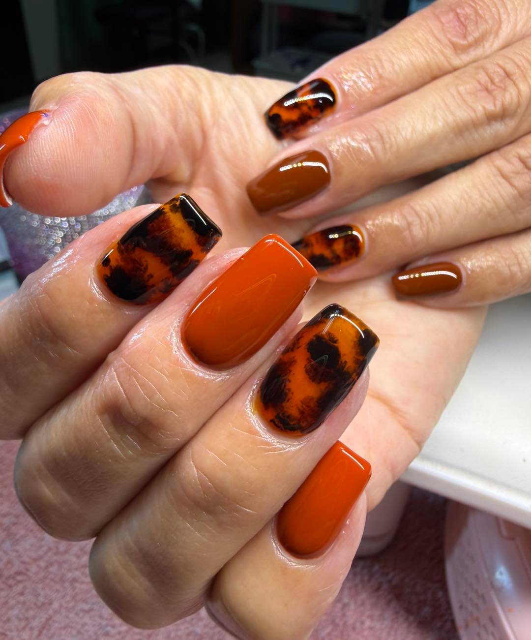 Orange and Tortoiseshell Brown Nails