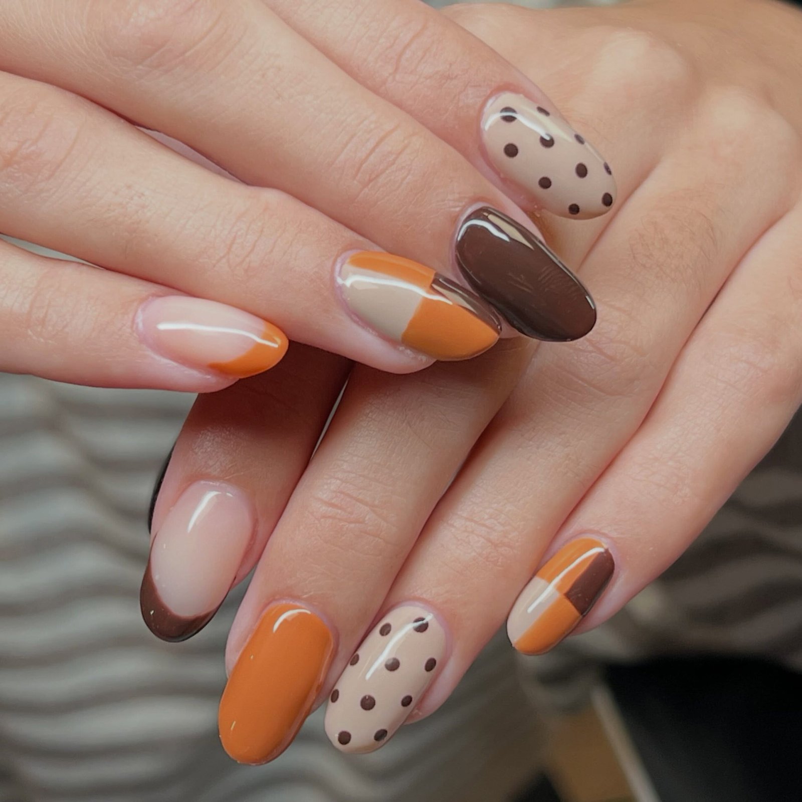 Orange and Brown French Tips with Dotted Accents