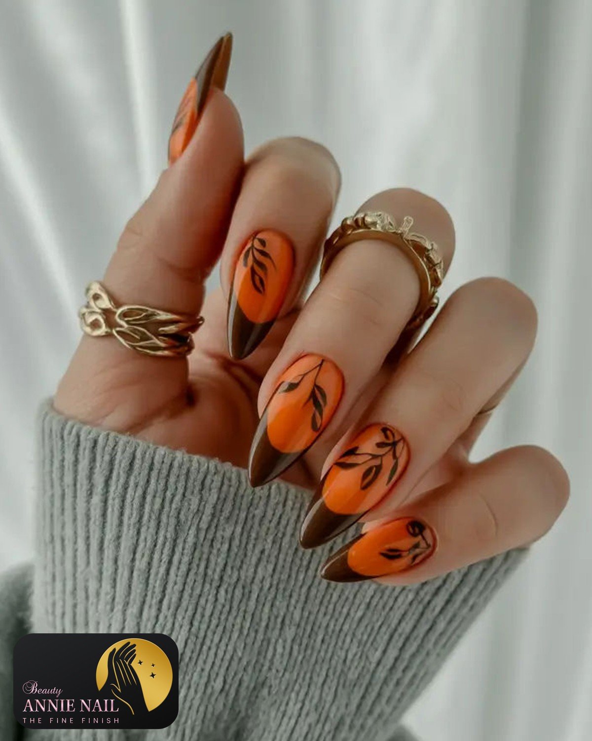 Orange Nails with Brown Botanical Line Art